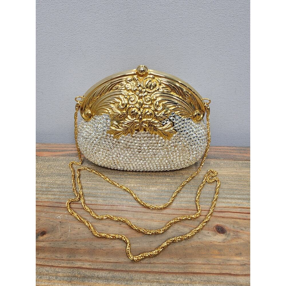 Vintage Hand Beaded Miriam Marshall Sequin and Hold Evening Clutch Gold Chain